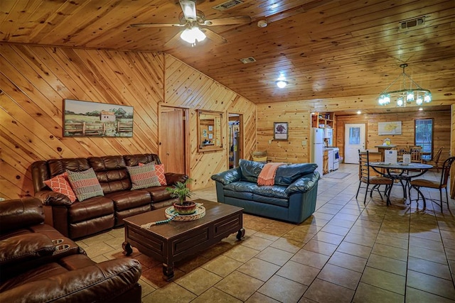 tiled living room with ceiling fan, wood ceiling, wooden walls, and vaulted ceiling