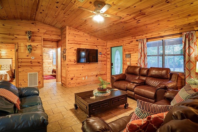 tiled living room with lofted ceiling, wooden walls, ceiling fan, and wooden ceiling