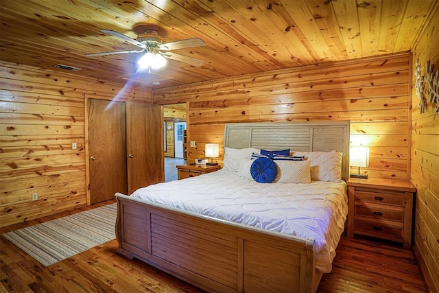 bedroom with wood-type flooring, wood ceiling, ceiling fan, and wood walls