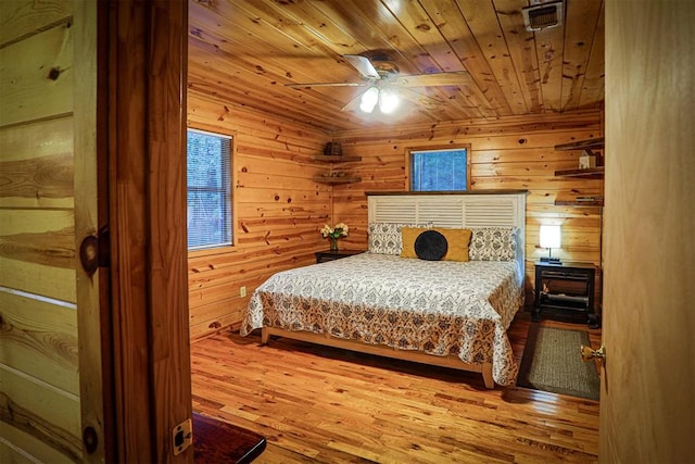 bedroom with ceiling fan, wood walls, wood-type flooring, and wood ceiling