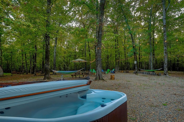 view of yard with a hot tub