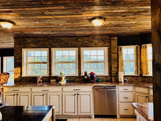 kitchen featuring white cabinets, light tile patterned floors, dishwasher, and wooden ceiling