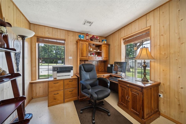 home office featuring wood walls, a healthy amount of sunlight, and a textured ceiling