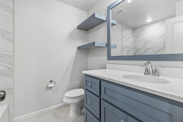 bathroom featuring tile patterned flooring, vanity, and toilet