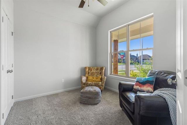 living area featuring carpet flooring, ceiling fan, and lofted ceiling