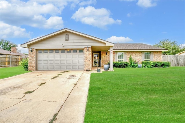 single story home with a garage and a front yard