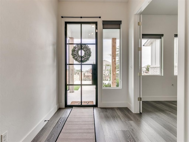 doorway with wood-type flooring