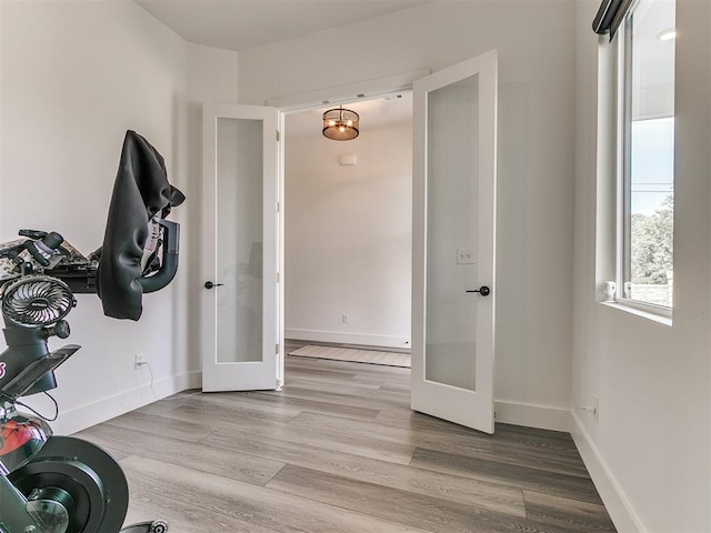 exercise room with french doors and wood-type flooring