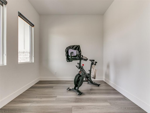 workout room with a healthy amount of sunlight and light wood-type flooring