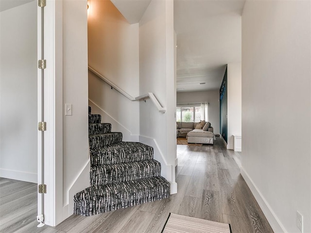 stairway featuring wood-type flooring