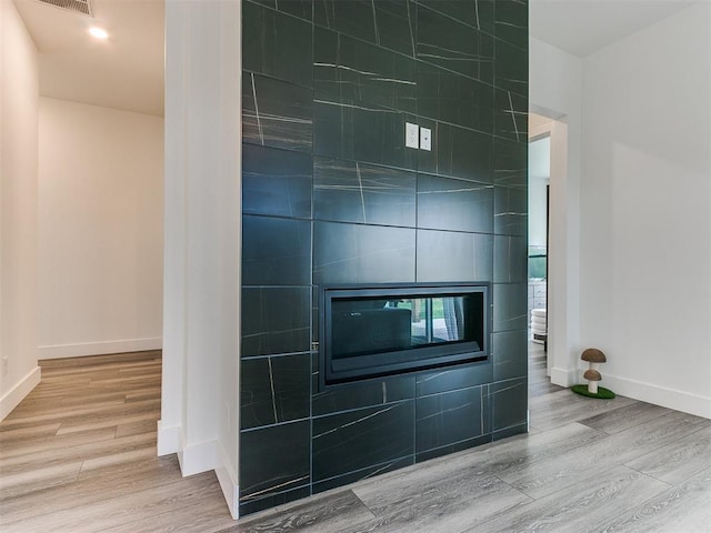 details featuring a fireplace and hardwood / wood-style flooring