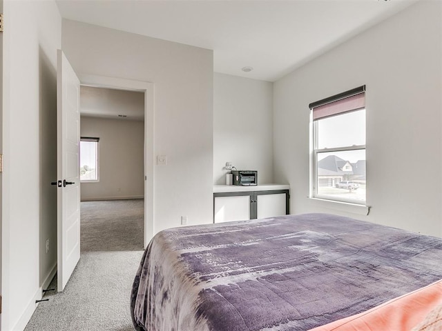 bedroom with multiple windows and light colored carpet