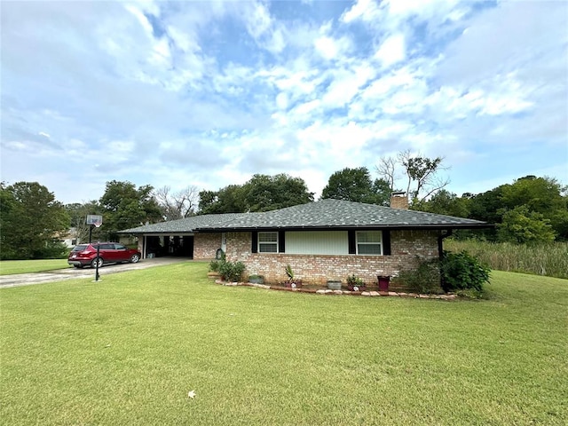 ranch-style house with a carport and a front lawn