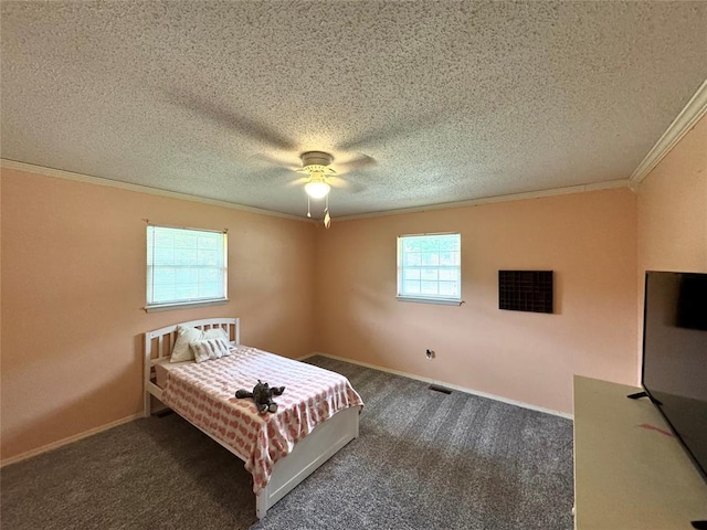 bedroom featuring ceiling fan, dark carpet, a textured ceiling, and ornamental molding