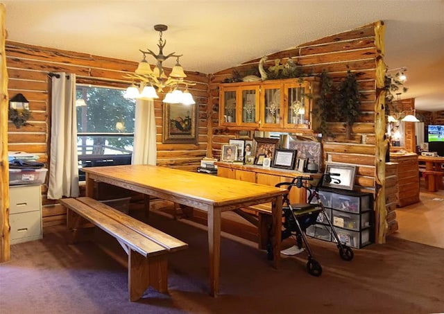 33308 S Post Office Nck, Shawnee, OK 74801 - carpeted dining area with rustic walls, a chandelier, and vaulted ceiling