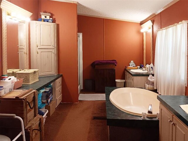 33308 S Post Office Nck, Shawnee, OK 74801 - bathroom with vanity, a garden tub, ornamental molding, an enclosed shower, and a textured ceiling