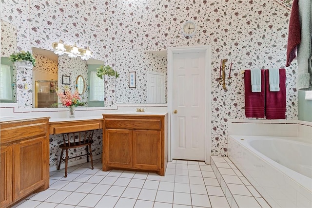 bathroom with tile patterned floors, vanity, and independent shower and bath