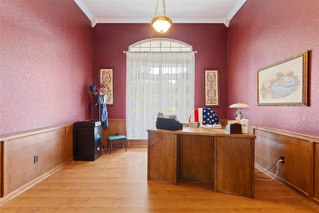 unfurnished office featuring wooden walls, light hardwood / wood-style floors, and ornamental molding