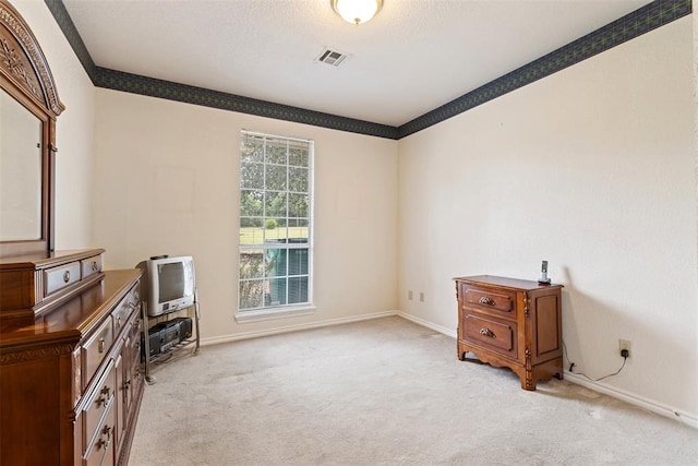 miscellaneous room featuring light carpet and a textured ceiling