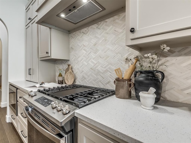 kitchen with white cabinetry, stainless steel appliances, backsplash, custom range hood, and hardwood / wood-style flooring