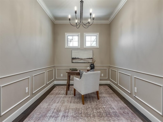 office with a chandelier, crown molding, and dark wood-type flooring