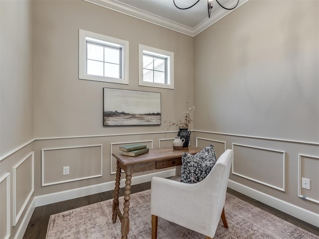 office space featuring dark wood-type flooring and ornamental molding