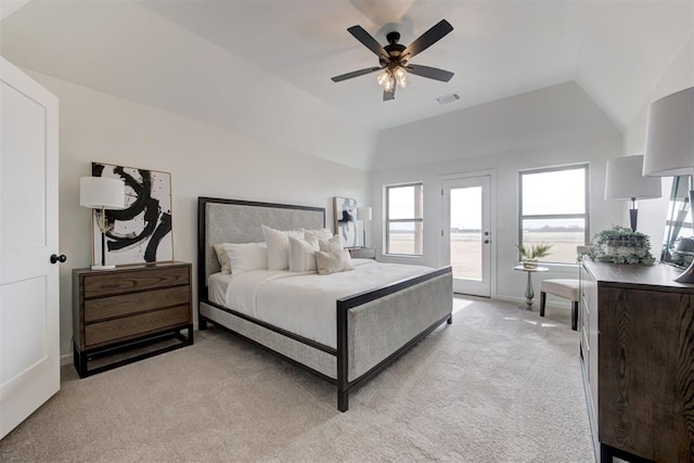 carpeted bedroom with access to outside, ceiling fan, and lofted ceiling