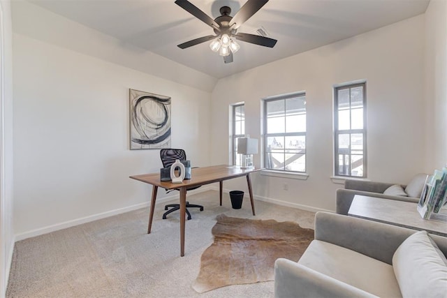 office featuring ceiling fan and light colored carpet