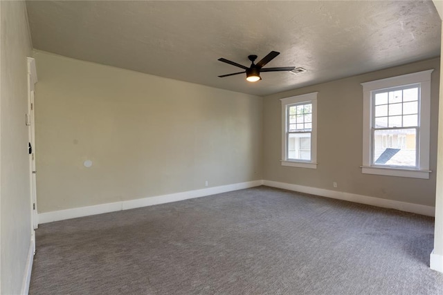 empty room with carpet flooring, ceiling fan, a textured ceiling, and a wealth of natural light