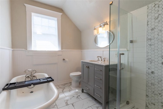 bathroom with vanity, a shower with shower door, vaulted ceiling, and toilet