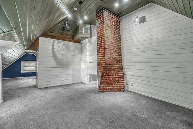 interior space with carpet floors, wood ceiling, and lofted ceiling