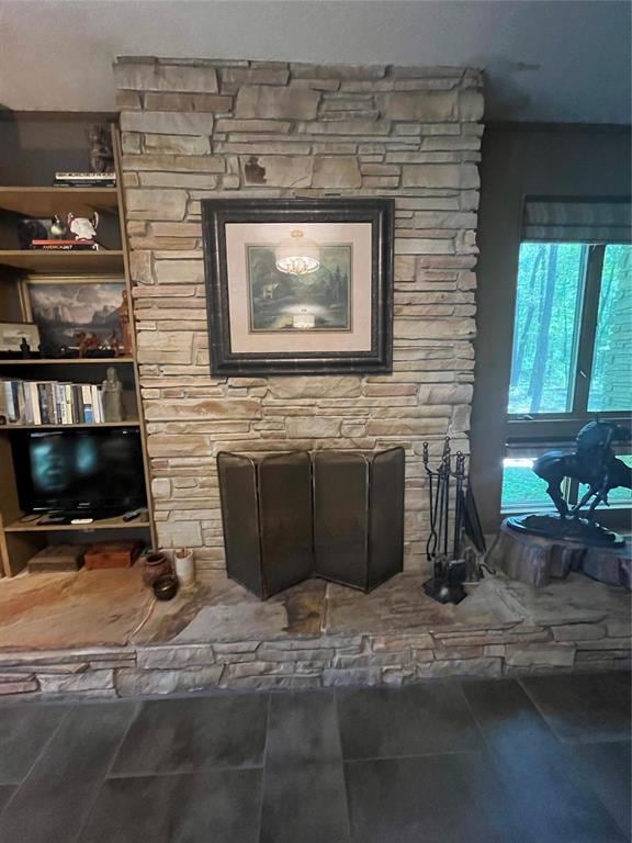 room details featuring a stone fireplace and hardwood / wood-style flooring