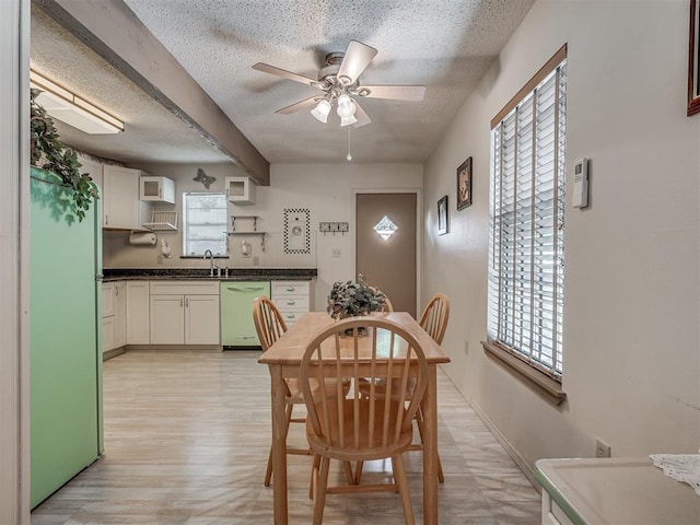 dining area with ceiling fan, beamed ceiling, a textured ceiling, and light wood-type flooring