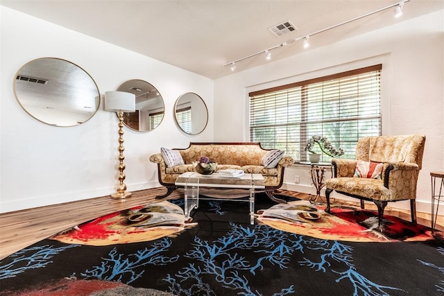 living room with wood-type flooring and rail lighting