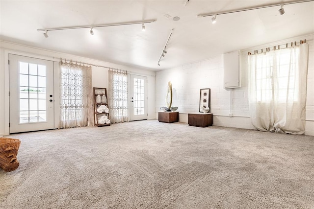 unfurnished room featuring light carpet, track lighting, and french doors