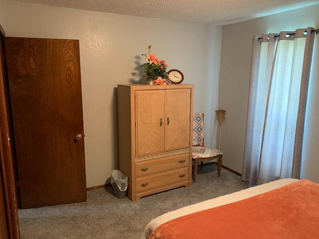 bedroom with a textured ceiling and carpet floors