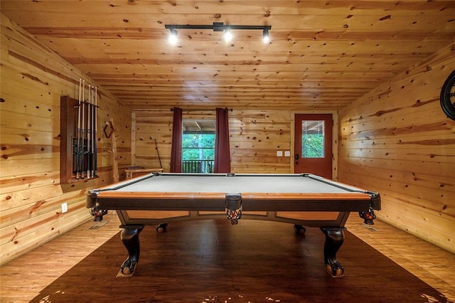 playroom with lofted ceiling, wooden walls, billiards, light wood-type flooring, and wood ceiling