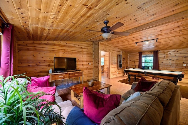 living room featuring wooden ceiling, hardwood / wood-style flooring, lofted ceiling, and wood walls