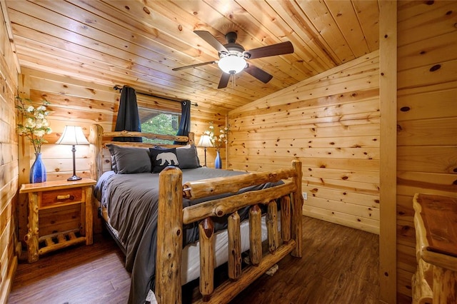 bedroom featuring wood walls, vaulted ceiling, hardwood / wood-style flooring, ceiling fan, and wood ceiling