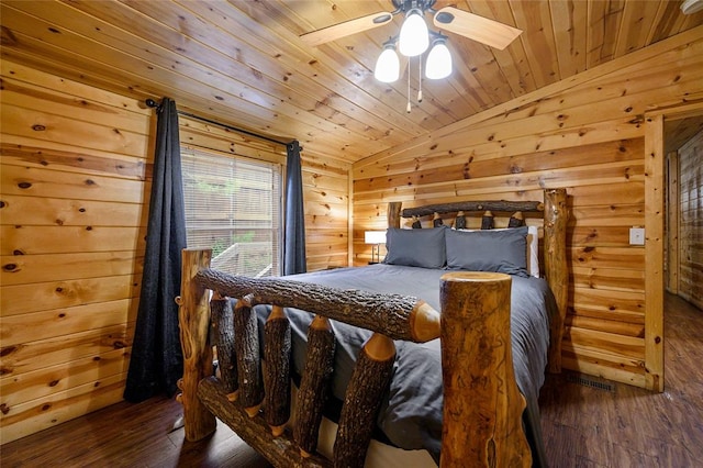 bedroom with wooden ceiling, dark wood-type flooring, and vaulted ceiling