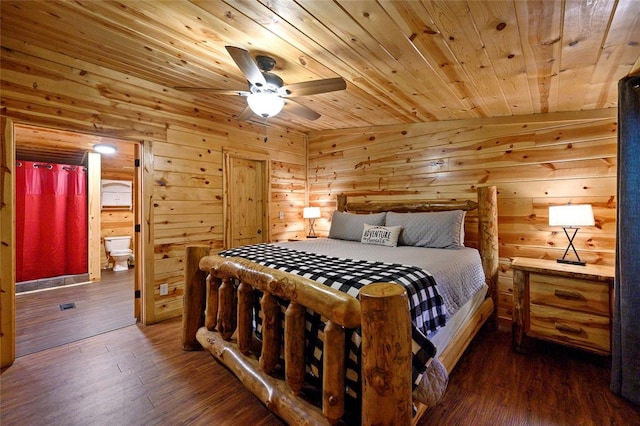 bedroom featuring wooden ceiling, ceiling fan, dark wood-type flooring, and lofted ceiling