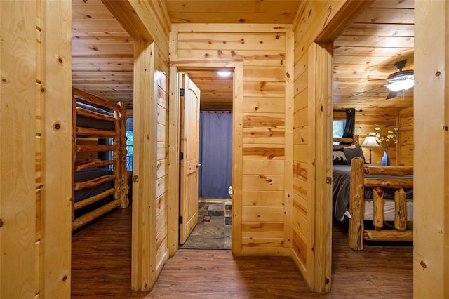 hall with dark hardwood / wood-style floors and wooden walls