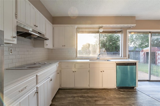 kitchen with dishwasher, dark hardwood / wood-style flooring, sink, and white electric stovetop