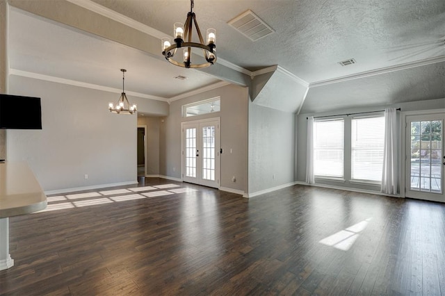 unfurnished living room with french doors, an inviting chandelier, vaulted ceiling with beams, dark hardwood / wood-style floors, and a textured ceiling