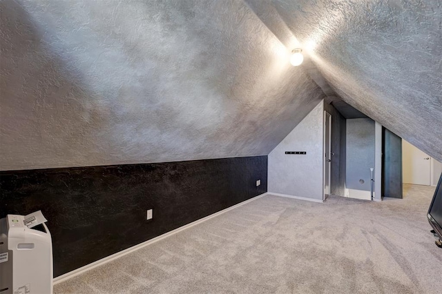 additional living space with carpet, a textured ceiling, and lofted ceiling