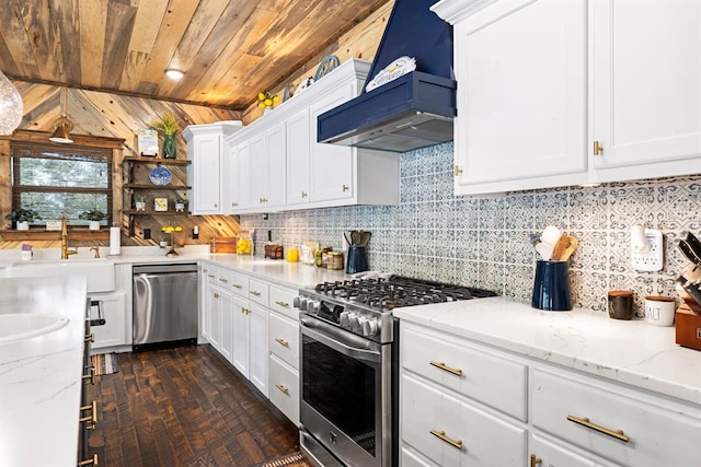 kitchen with premium range hood, white cabinets, sink, dark hardwood / wood-style floors, and appliances with stainless steel finishes