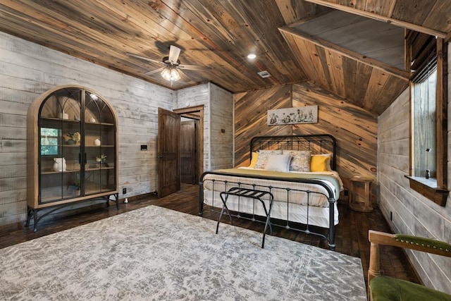 bedroom featuring wood ceiling, wooden walls, dark hardwood / wood-style floors, and lofted ceiling