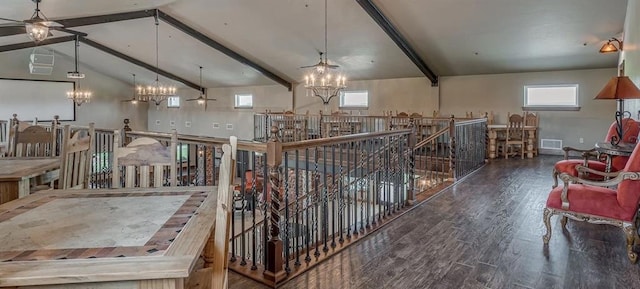 miscellaneous room with lofted ceiling with beams, ceiling fan, and dark wood-type flooring
