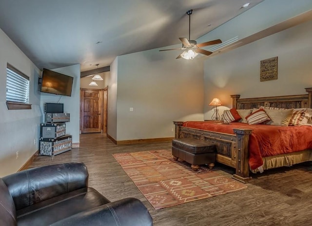 bedroom featuring hardwood / wood-style floors, ceiling fan, and vaulted ceiling