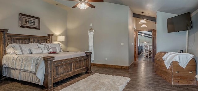 bedroom with ceiling fan and dark hardwood / wood-style floors